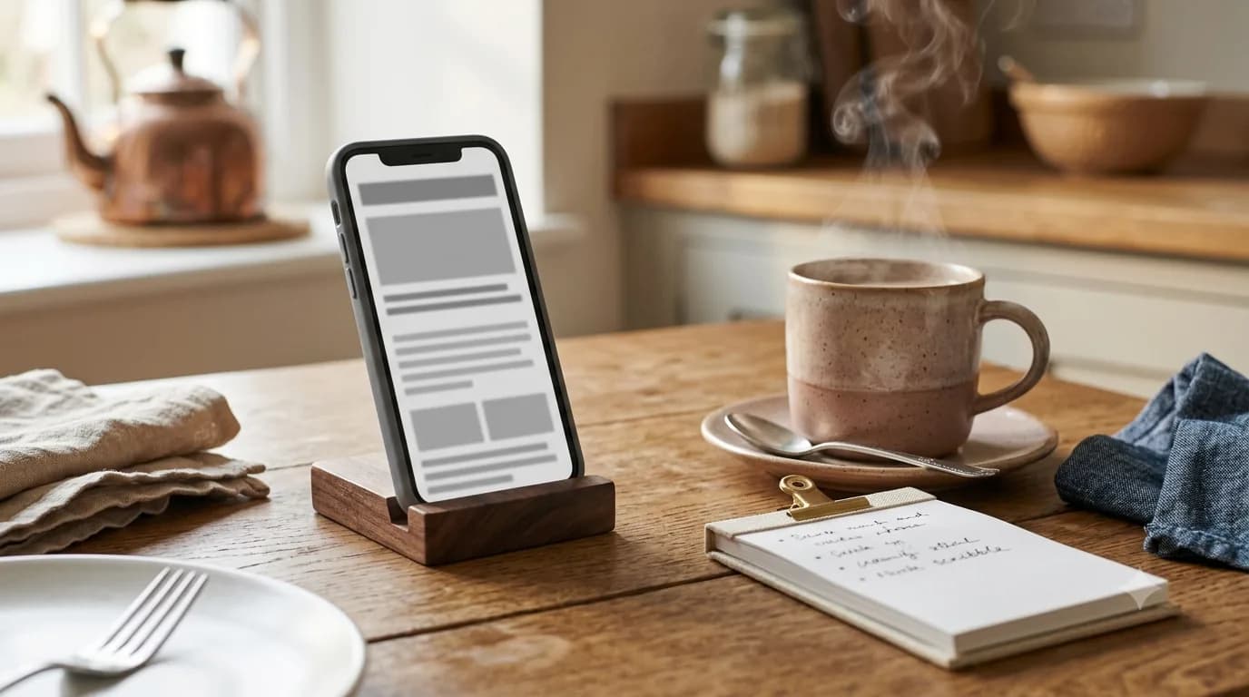 A phone showing a simple article on a stand, beside a cup of chai and a notepad with quick notes