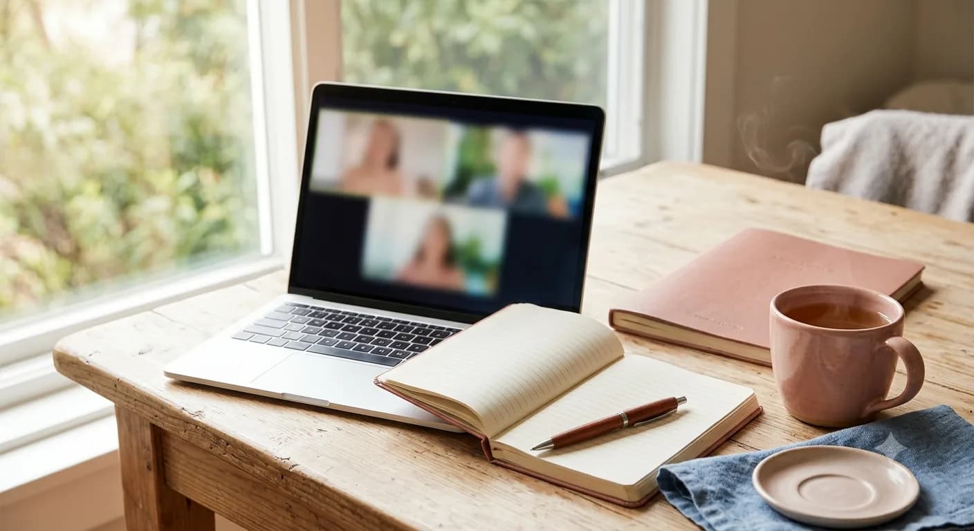 A laptop showing a video call, beside an open notebook, pen, and a cup of tea on a wooden desk