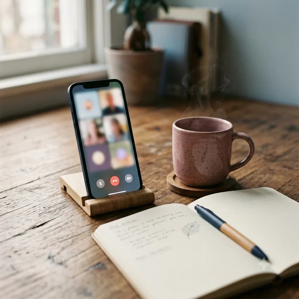 A phone propped on a desk showing a video call, beside a steaming mug and an open notebook