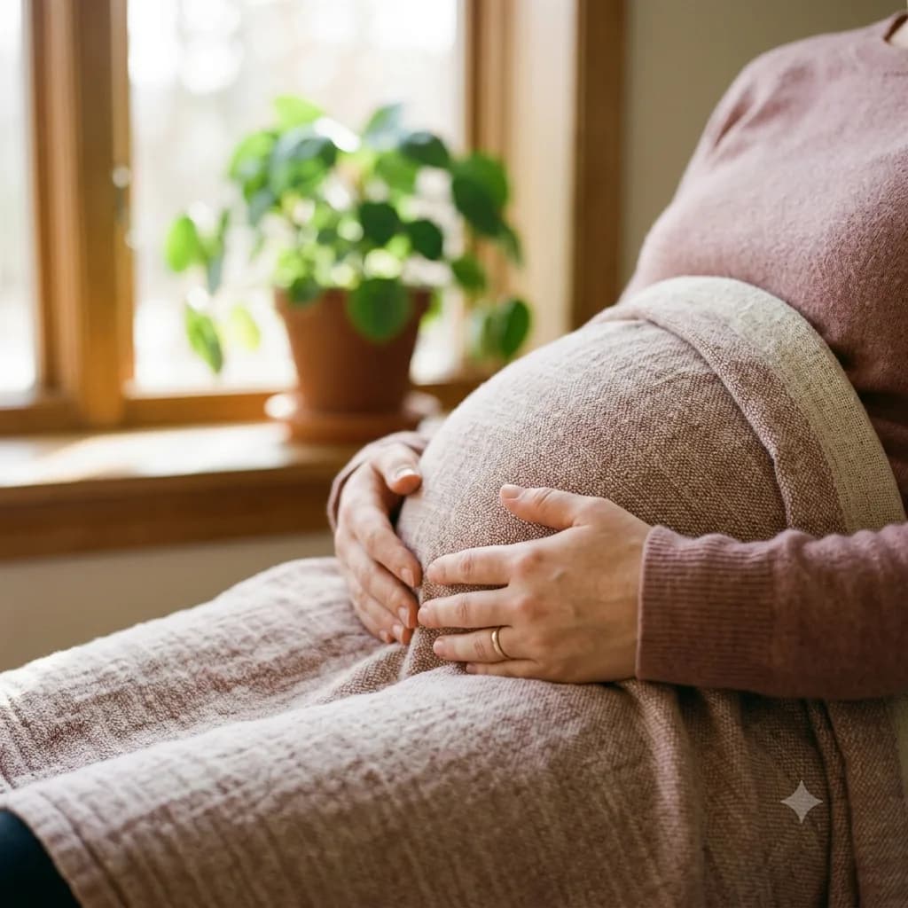 Hands resting gently on a pregnant belly wrapped in a soft shawl, beside a sunlit window
