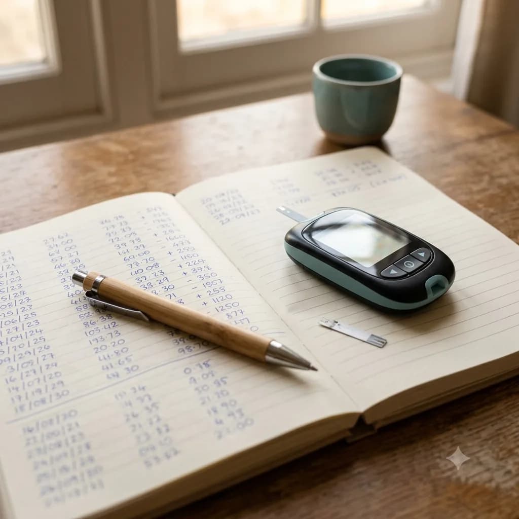 A glucometer and test strip resting on an open notebook page of handwritten readings