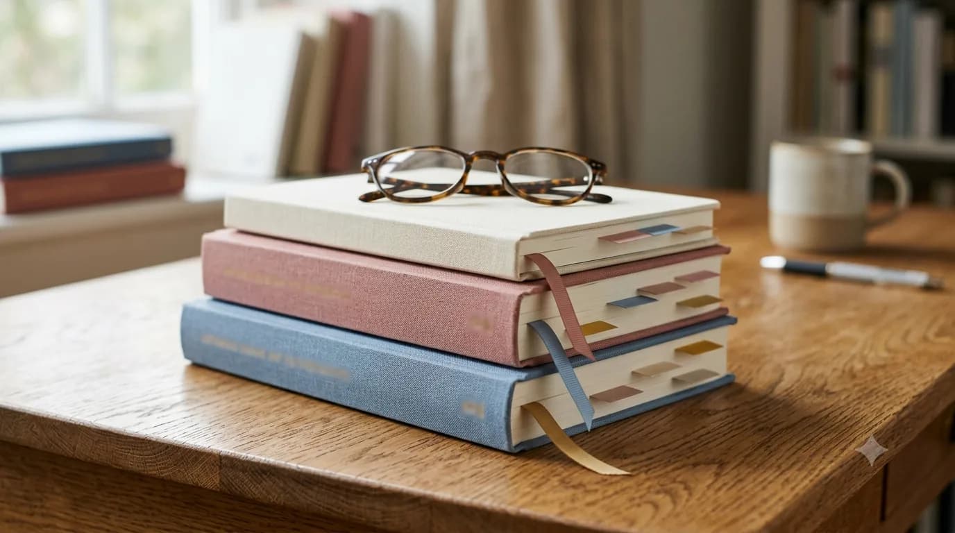 A stack of reference books with colorful bookmark tabs and reading glasses on a wooden desk