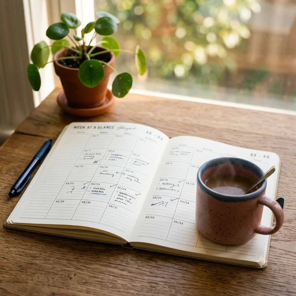 An open weekly planner with a few days checked off, beside a warm mug and a small plant