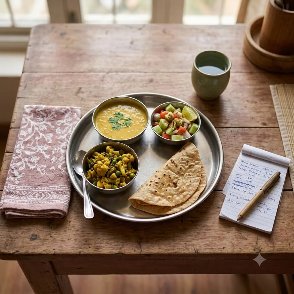 A home-style thali of dal, sabzi, roti and salad on a wooden table