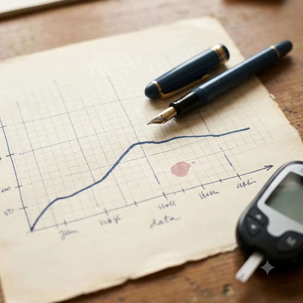 A hand-drawn upward trend line on graph paper, with a fountain pen and a glucometer beside it