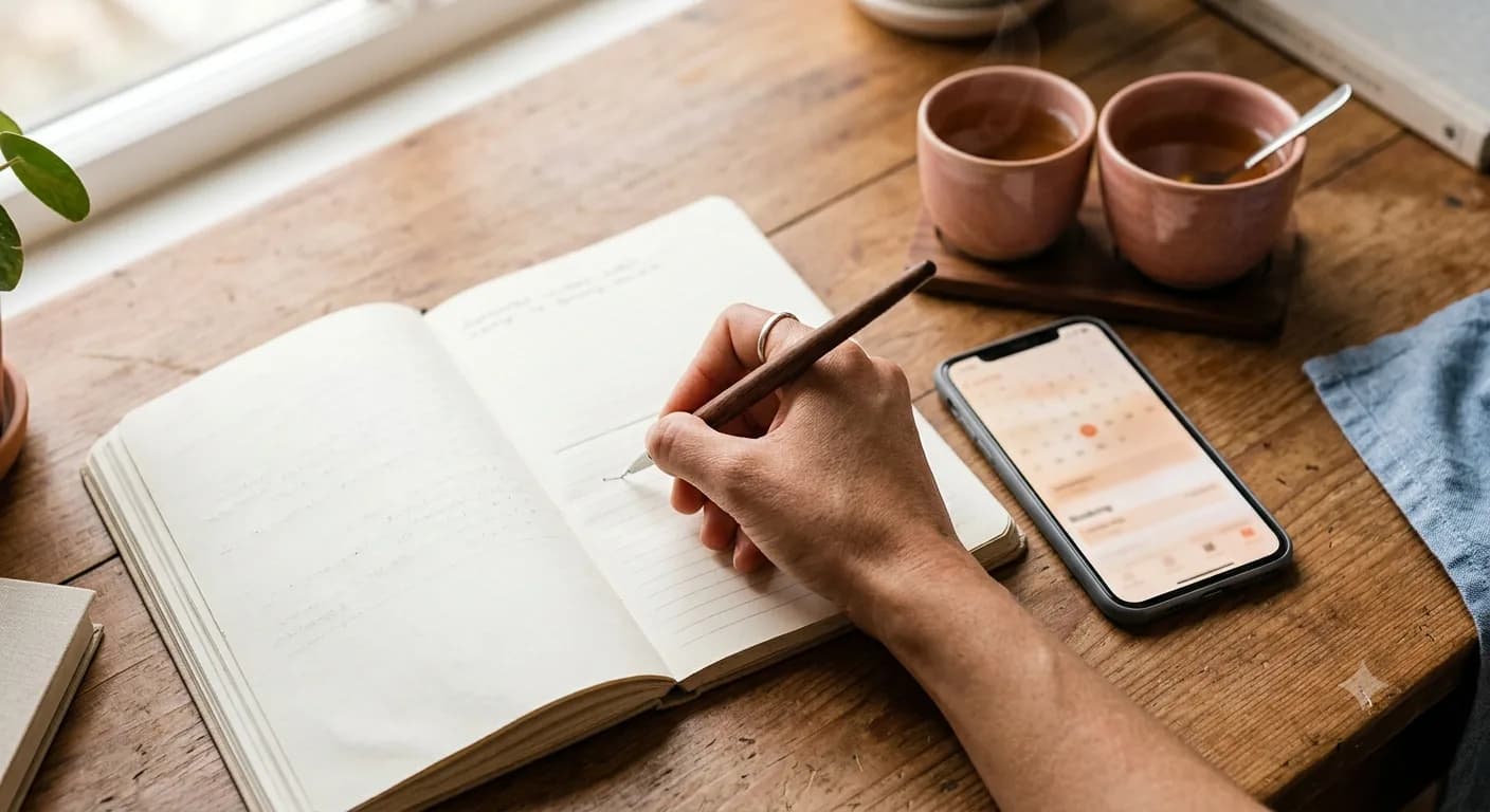 A hand writing in an open notebook beside a phone showing a booking calendar and two cups of tea