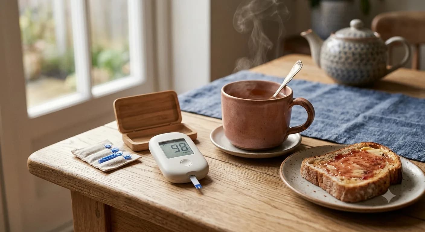 A glucose monitor reading 98 mg/dL beside a cup of tea and buttered toast on a wooden breakfast table